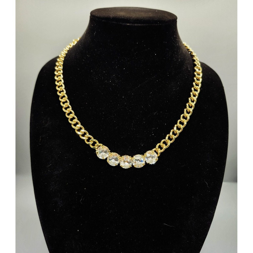 Gold Tone Curb Chain Choker Necklace Adjustable Clear Rhinestone Statement